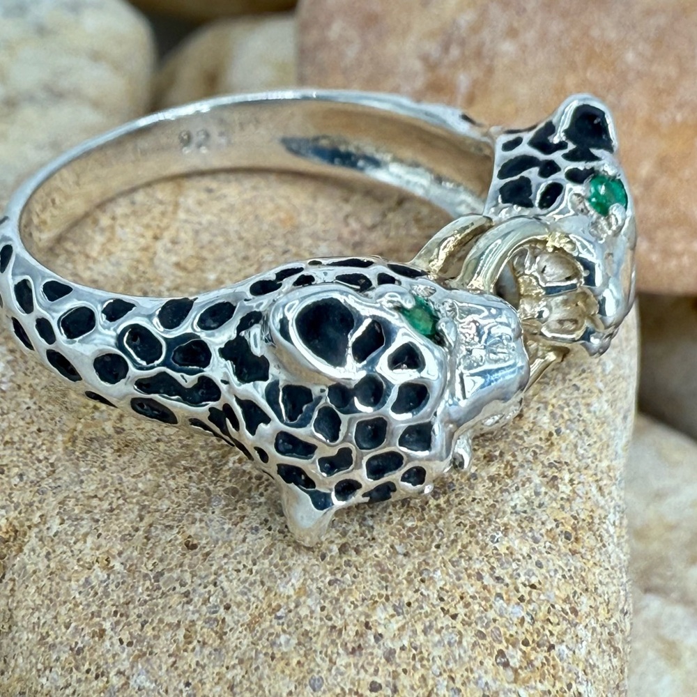 JED Joseph DeMarco Double Panther Ring 925 Sterling Genuine Emerald Eyes Sz 8 - Picture 4 of 16